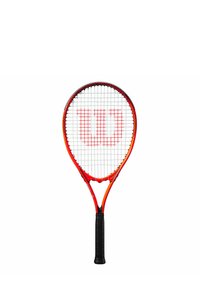 Tennisschläger mit einem rot-schwarzen Rahmen, der ein gitterförmiges Saite-Muster aufweist. Das 'Wilson'-Logo ist auffällig in Rot auf den Saiten zu sehen.