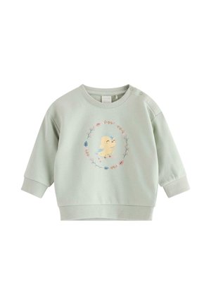 Lysegrøn baby sweatshirt med lange ærmer, ribkantsærmer, trykknapper på skulderen og et print af en smilende gul fugl omgivet af en blomsterkrans.