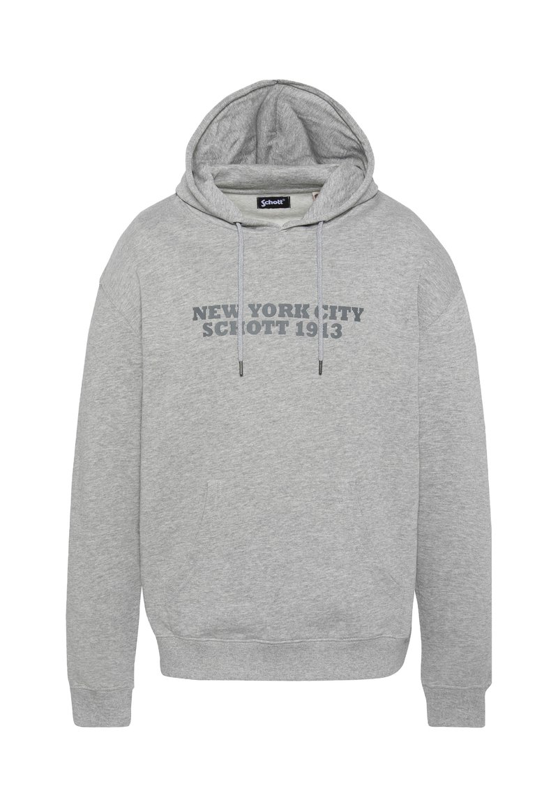Felpa grigia con cappuccio dotato di coulisse, tasca a marsupio frontale e testo in rilievo che recita "New York City Schott 1913" in grigio scuro.