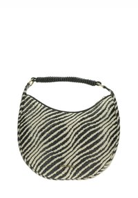 Borsa a tracolla con stampa zebra in nero e avorio, dalla forma strutturata. Presenta un manico intrecciato e un corpo a texture liscia, arricchita da dettagli in oro.