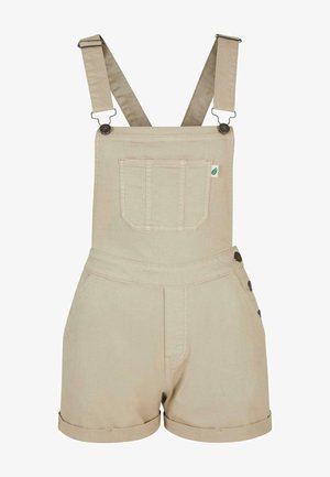 Beige denim overall shorts met verstelbare bandjes, een voorzak en drie decoratieve knopen aan de zijkant voor extra detail.