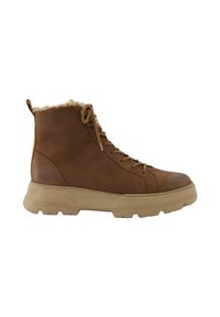 Bruine leren enkelboots met een beige zool, voorzien van een gestructureerde afwerking, vetersluiting aan de voorkant en een zachte voering bij de kraag.