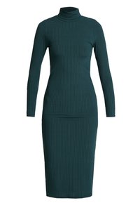 Kuvioitu, pitkähihainen mekko syvän teal-värisenä, korkealla kauluksella; muotoileva siluetti; polvipituinen; valmistettu joustavasta kankaasta.
