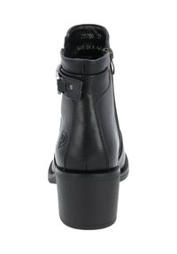 Czarne skórzane botki za kostkę z zaokrąglonym noskiem, bocznym zamkiem błyskawicznym, regulowanym zapięciem, żebrowanym obcasem oraz wytłoczonym logo na boku.