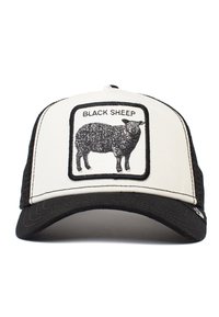 Cappello da camionista con parte anteriore bianca e retro in rete nera. Presenta una grafica di una pecora nera e il testo "BLACK SHEEP" su un'etichetta rettangolare.