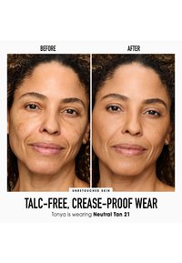 Dos retratos uno al lado del otro de una persona mostrando la piel antes y después de aplicar un producto cosmético. Notable suavidad y tono de piel uniforme en la imagen posterior.