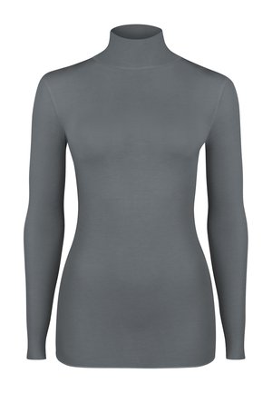 Langärmliger Rollkragenpullover aus weichem grauem Stoff, der eine figurbetonte Passform mit hohem Kragen aufweist. Schlichte, glatte Struktur ohne Muster oder Akzente.