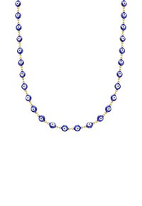 Modrá náušnica s ochranným okom na zlatej retiazke. Obsahuje striedajúce sa guľaté perly s bielym stredom a modrým vonkajším prstencom. Hladký povrch.