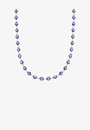 Blauwe boze oog kraalketting met gouden ketting. Bevat afwisselende ronde kralen met een witte kern en een blauwe buitenring. Gladde textuur.
