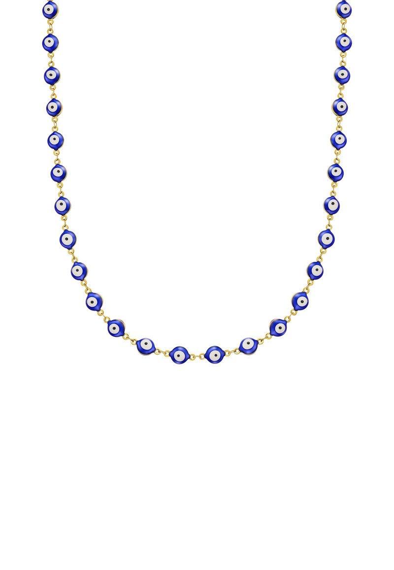 Modrá náušnica s ochranným okom na zlatej retiazke. Obsahuje striedajúce sa guľaté perly s bielym stredom a modrým vonkajším prstencom. Hladký povrch.