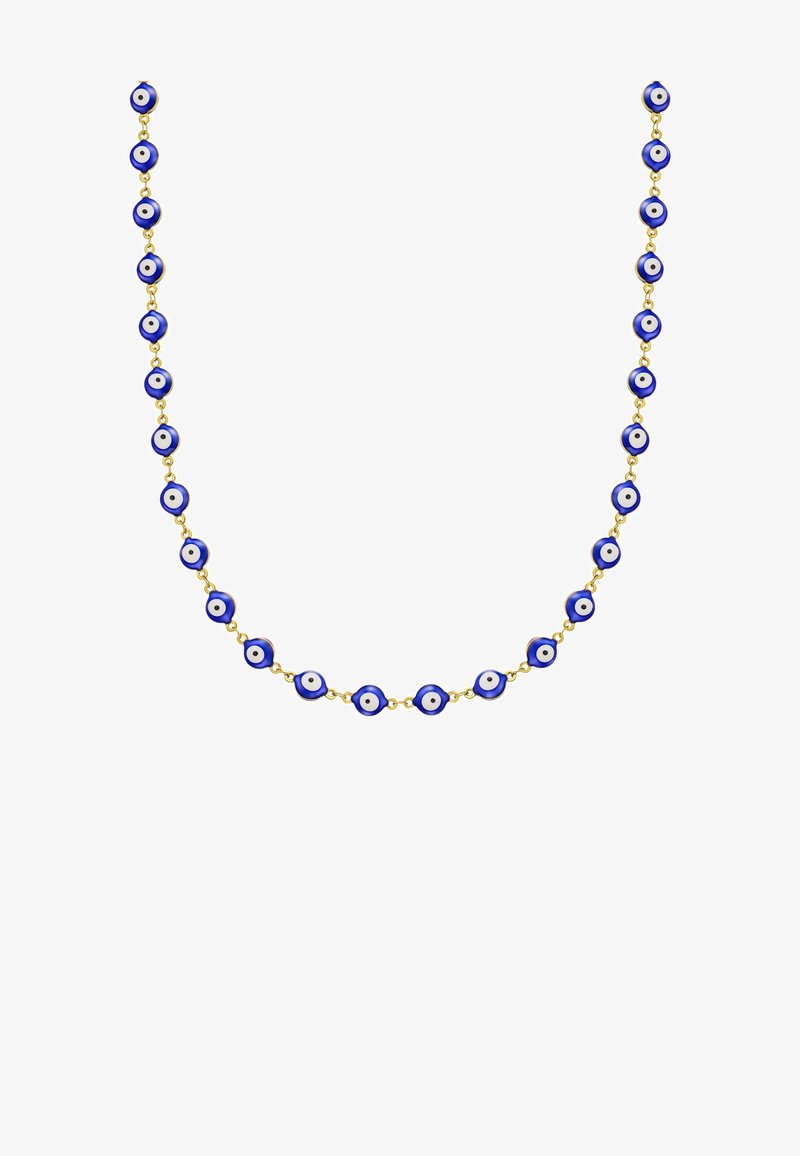 Modrá náušnica s ochranným okom na zlatej retiazke. Obsahuje striedajúce sa guľaté perly s bielym stredom a modrým vonkajším prstencom. Hladký povrch.