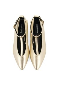 Zapatos metálicos dorados de tacón bajo con punteras puntiagudas y correas en el tobillo, que presentan un diseño en T y una textura suave y brillante. Marca visible en el interior.