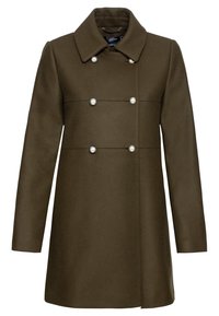 Olivgrön ylleblandad kappa med en stor krage, prydd med pärlliknande knappar och en figurnära silhuett ovanför knäet.