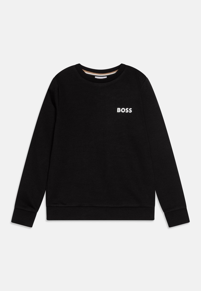 Sudadera negra con cuello redondo, mangas largas y puños acanalados. Presenta el logo blanco "BOSS" en el lado izquierdo del pecho. Textura suave.