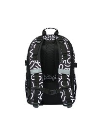 Zaino a righe bianche e nere con schienale in rete, spallacci regolabili e fibbie. Dotato di manico superiore per un facile trasporto.