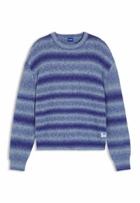 Strikket sweater i blå og lilla gradientstriber. Har en ribbet tekstur, rund halsudskæring og logo-tag nederst til venstre.