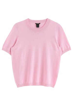 Maglione a maniche corte con collo rotondo, di colore rosa chiaro, realizzato in materiale morbido con una consistenza liscia e bordi a costine. Senza motivi o decorazioni.