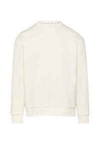 Kremowy sweatshirt, miękka tkanina, długie rękawy, okrągły dekolt, ściągacze przy mankietach i u dołu, z subtelnym logo w pobliżu szyi.