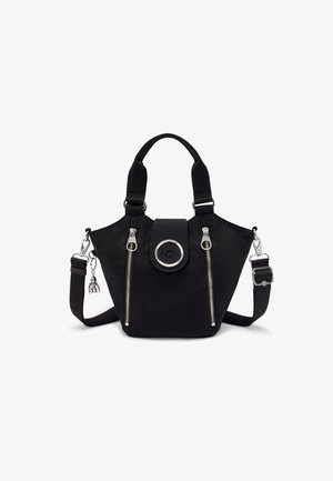 Black handbag with a structured design, smooth texture, and zipper accents. Features dual top handles and an adjustable shoulder strap.