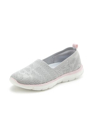 Light gray slip-on shoe with textured knit upper, white rubber sole, and soft pink trim and heel loop, angled left on white background.