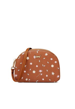 Braune synthetische Umhängetasche mit Floral-Muster, runder Form, goldfarbenen Hardware-Akzenten und verstellbarem Strap. Mit Reißverschlussverschluss.