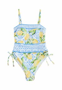 Maillot de bain une pièce avec un motif de citrons sur fond bleu clair, liens ajustables sur les côtés et bordure décorative bleue sur le haut.