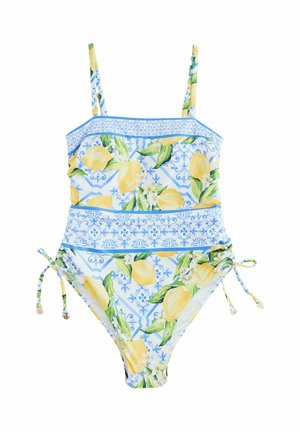One-piece swimsuit with lemon pattern on light blue background, adjustable ties on sides, and decorative blue trim across the top.