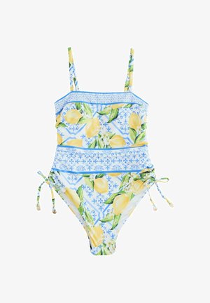 Eén stuk zwempak met citroenpatroon op een lichtblauwe achtergrond, verstelbare bandjes aan de zijkanten en decoratieve blauwe afwerking aan de bovenkant.