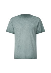 Camiseta de algodón en un color verde azulado suave, con un corte regular, cuello redondo y mangas cortas, con un acabado suave y ligeramente texturizado.