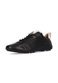 Schwarze Lederschuhe mit glatter Oberfläche, spitzem Schuhzug, durchbrochener Dekoration und einem kontrastierenden cremefarbenen Fersenelement. Minimalistisches Schnürdesign.