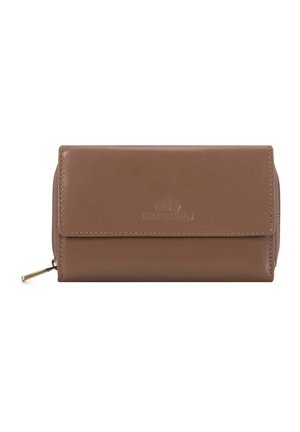Brown leather wallet with a smooth texture, zippered closure, and embossed logo. Compact rectangular shape with a fold-over flap.