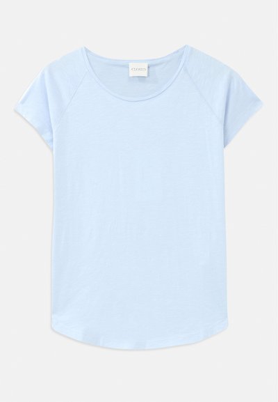 Light blue short-sleeve T-shirt with a rounded neckline, relaxed fit, and a curved hem. Made from soft fabric with a smooth texture.