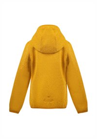 Žlutá fleecová bunda s kapucí. Má texturovaný povrch a elastické manžety. Zadní pohled ukazuje jednoduchý, čistý design bez log. 