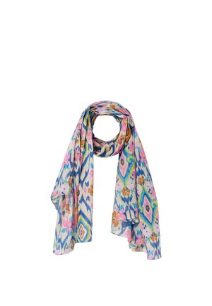 Leichter Stoffschal mit bunten abstrakten Blumen- und Rautenmuster in Blau, Pink, Gelb und Braun, locker geschlungen.