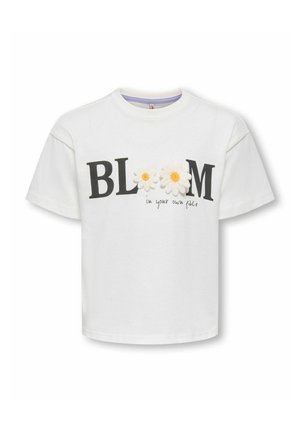 Hvit T-skjorte med korte ermer med teksten «BLOOM», der to tusenfryd blomster erstatter bokstavene «O», og teksten «i ditt eget tempo» under.