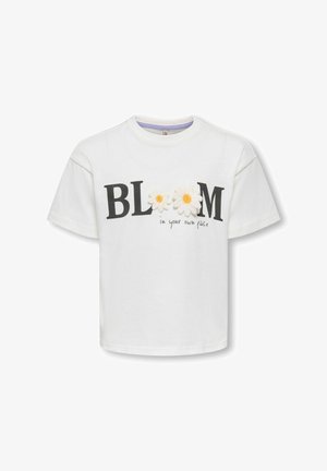 Witte T-shirt met korte mouwen met de tekst "BLOOM", waarbij de twee "O" zijn vervangen door madeliefjes, en onderaan staat "in je eigen tempo" geschreven.