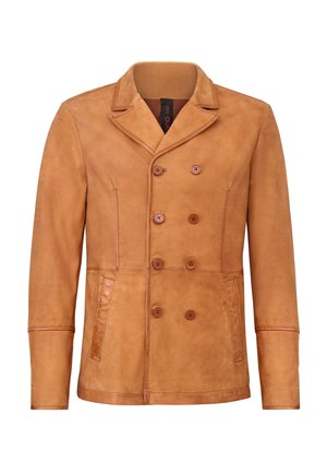 Brown leather double-breasted jacket with notched collar, four button closures, and side pockets; smooth texture and tailored fit.