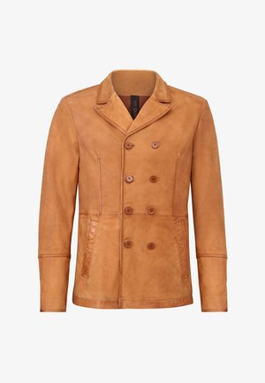 Braunlederne, doppelt-knöpfbare Jacke mit Reverskragen, vier Knopfverschlüssen und Seitentaschen; glatte Textur und taillierte Passform.