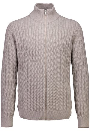 Suéter de punto de color beige claro con cremallera y un cuello alto, que presenta un patrón texturizado y puños y dobladillo acanalados.