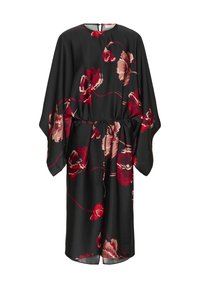 Rochie florală neagră cu flori roșii și roz, croi lejer, mâneci tip kimono, talie cu șnur și deschidere la gât pe spate. Material moale și fluid.