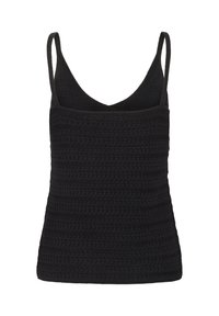 Melna adīta topa krekla ar faktūru, ribota dizaina, ar plānām plecu siksnām un V veida kakla izgriezumu.