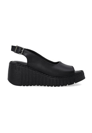 Black leather slingback wedge sandals with a peep-toe design, featuring a thick textured platform and ridged sole. Adjustable strap included.
