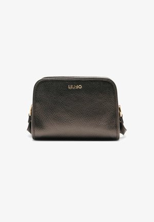 Black textured leather crossbody bag with gold hardware, featuring a rectangular shape and a zip closure. Brand logo displayed on the front.