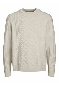Light beige knitted sweater featuring a textured cable knit pattern, round neck, and ribbed cuffs and hem. Soft, warm material.