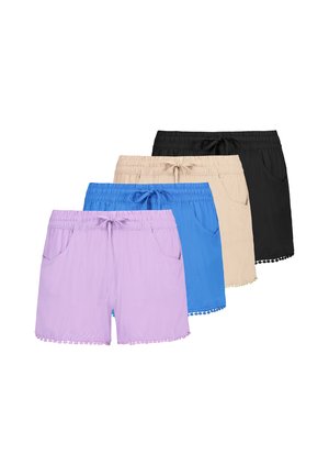 Vier Paar Damen-Casual-Shorts in Lila, Blau, Beige und Schwarz, jeweils mit elastischem Bund, Kordelzug, Taschen und dekorativen Säumen.