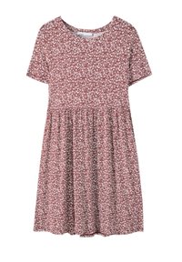 Korte mouwen, jurk tot de knie van roestbruin stof bedekt met een klein wit bloemenpatroon en een geraffineerde taille.