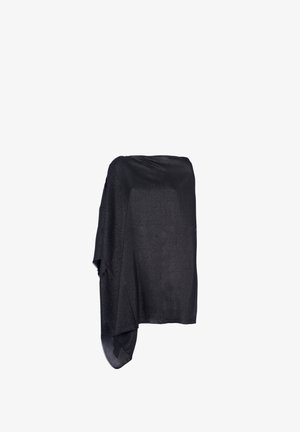 Poncho in tessuto nero trasparente, dal design morbido e fluido. Presenta un orlo asimmetrico e una texture liscia. Ideale da indossare a strati.
