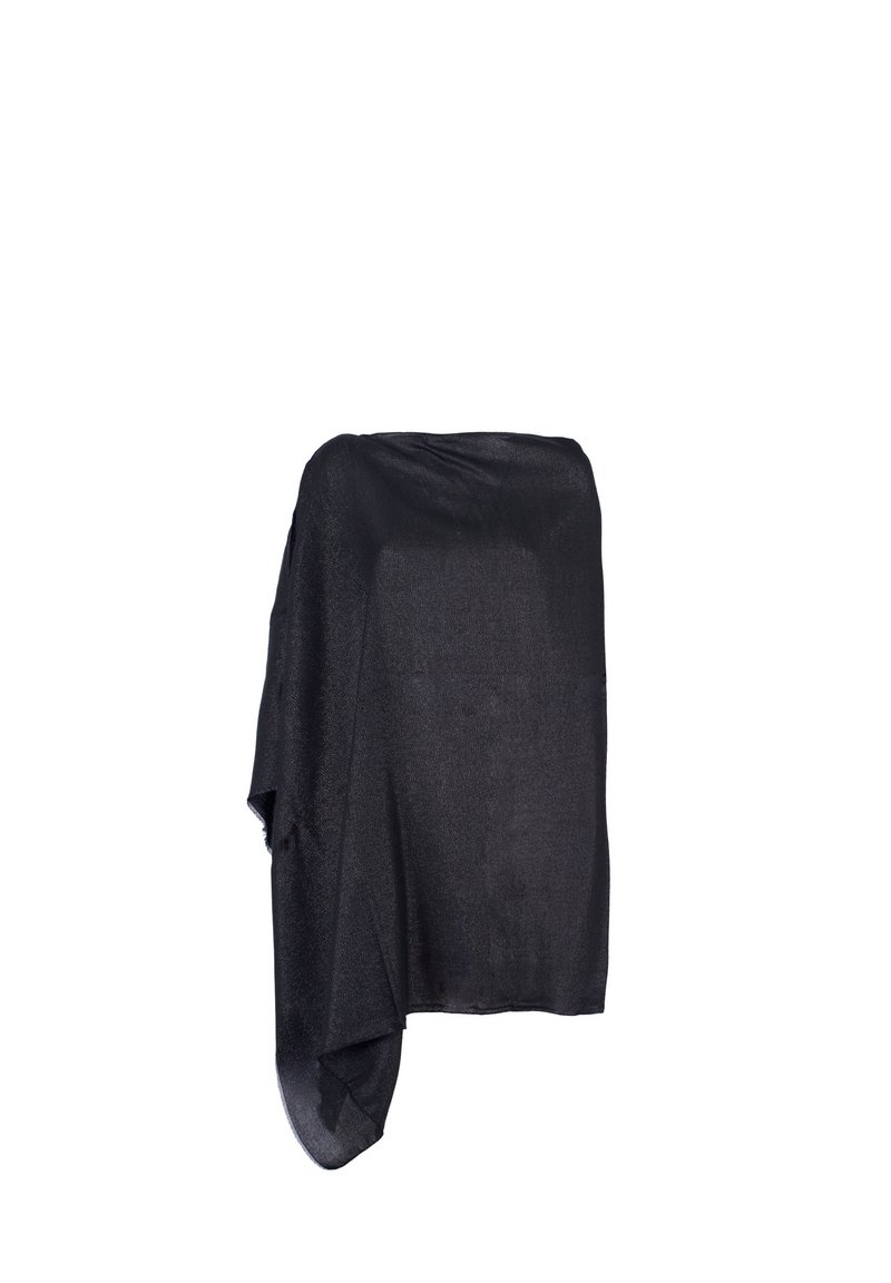 Poncho in tessuto nero trasparente, dal design morbido e fluido. Presenta un orlo asimmetrico e una texture liscia. Ideale da indossare a strati.