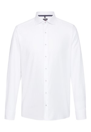 Weißes Langarmhemd mit klassischem Kragen, vorderer Knopfleiste und dezentem Glanz. Verfügt über eine taillierte Passform und geknöpfte Ärmel.
