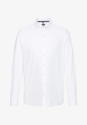 White long-sleeve dress shirt with a classic collar, front button closure, and subtle sheen. Features tailored fit and cuffed sleeves.